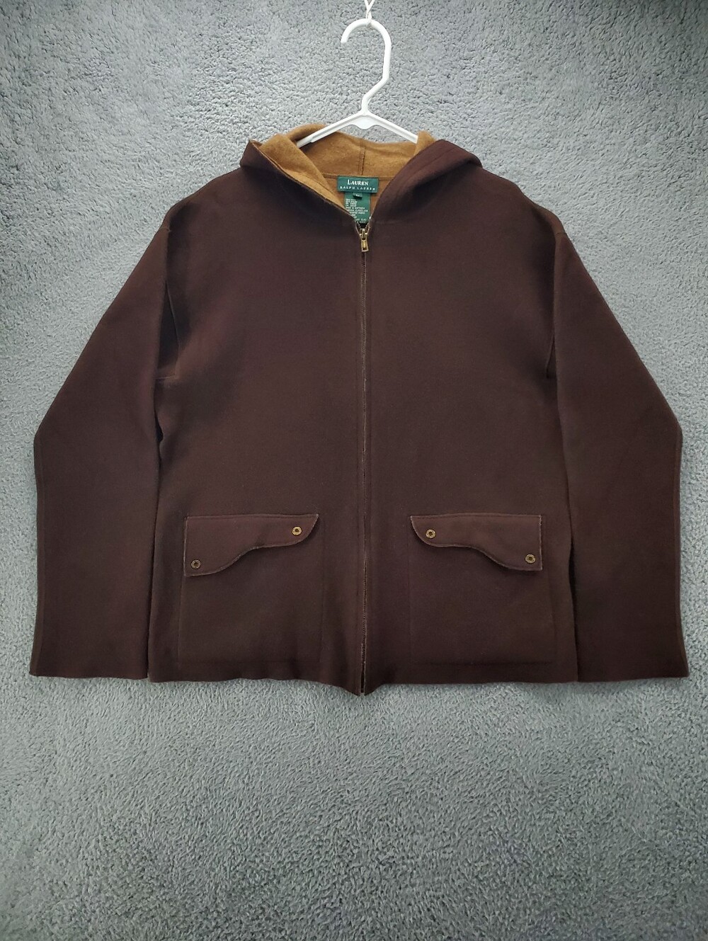 Lauren Ralph Lauren Jacket Wool Blend Womens Large Full Zip Hooded Brown